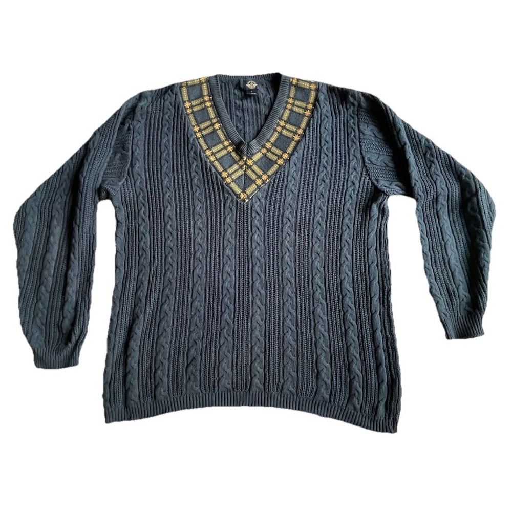 Vintage Y2K Dockers  V‎ Neck 100% Cotton Knit Tennis Sweater Large Blue